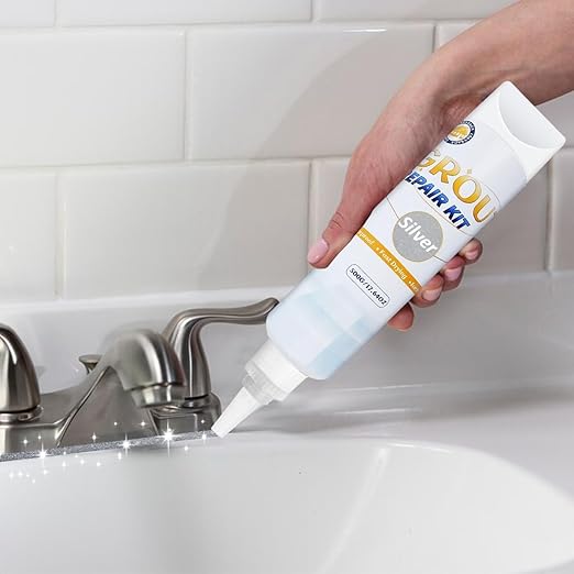 Tile Grout Repair Kit - Grout Filler, Grout Repair Paste with Silicone Trowel Scraper, Fast Drying Grout Repair Kit for Bathroom Shower Kitchen Floor Tile, Waterproof (17.64 oz, Silver)