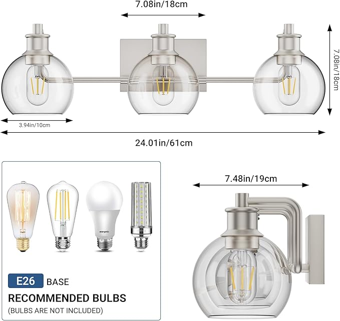 Tipace Brushed Nickel Modern Bathroom Vanity Light Fixtures Over Mirror Glass Globe 3 Lights Industrial Vanity Lights Farmhouse Bath Lighting(Exclude Bulb)