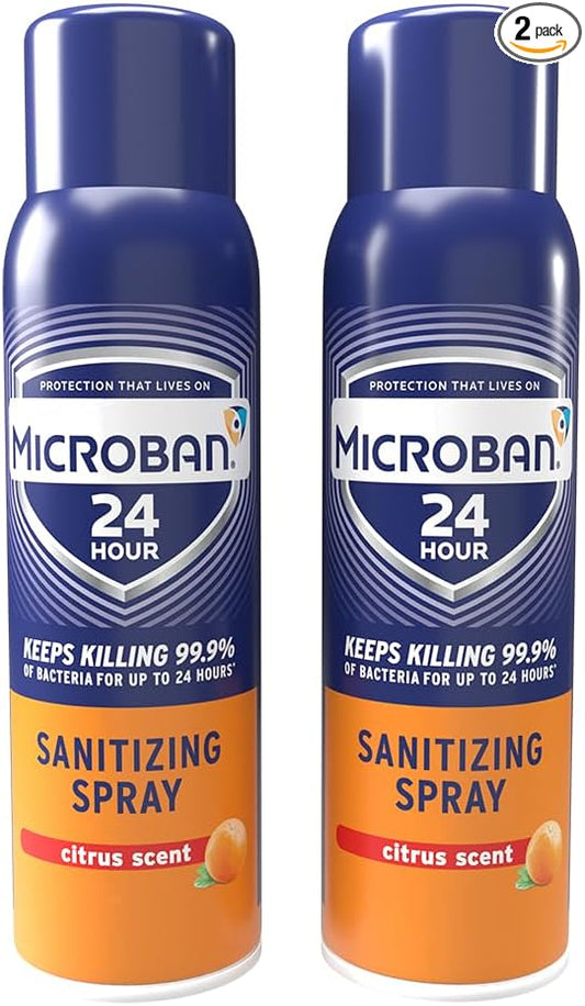 MICROBAN Sanitizing Spray, 15 oz., 2 Pack, Citrus, Penetrates Soap Scum, Greasy Soils and Reduces Odors, Keeps Killing 99.9% of Bacteria on Hard, Non-Porous Surfaces in Your Home for up to 24 Hours