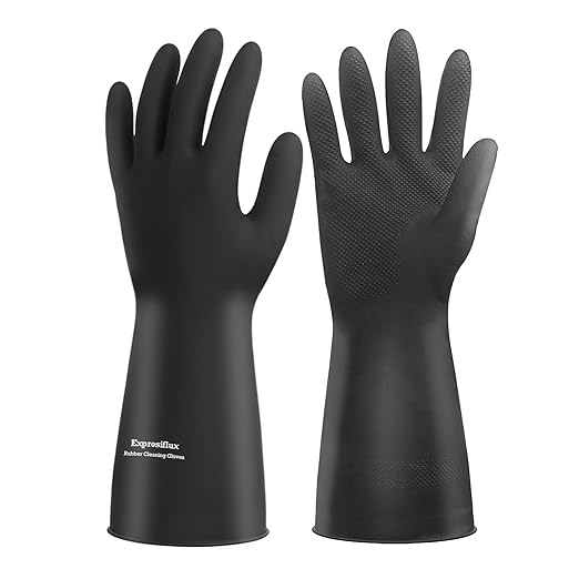 Black Thick Rubber Cleaning Gloves - 2 Pairs of Extra-Large, Reusable, Non-Slip, Heavy-Duty, Waterproof Gloves for Dishwashing and Kitchen Cleaning