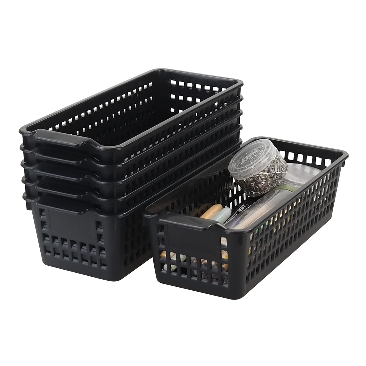 Slim Plastic Storage Baskets, Black, 6 Packs - Image 1
