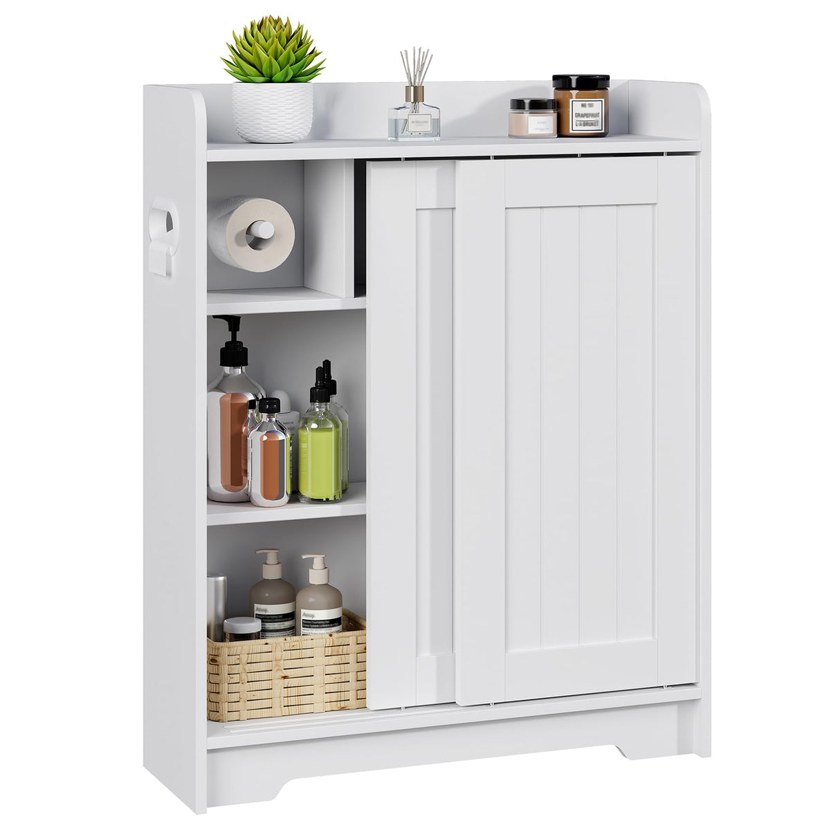 Bathroom Floor Cabinets,Storage Cabinet with Sliding Door,White - Image 1