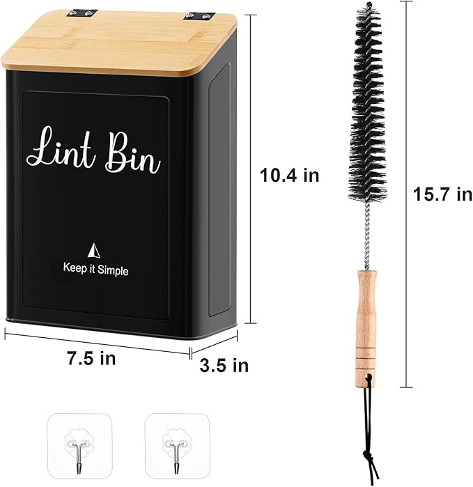 SUBEKYU Metal Magnetic Lint Bin for Laundry Room, Wall Mounted Lint Box Holder with Lid for Dryer,Laundry Room Organization and Storage,Bamboo Lid Lint Basket,Black