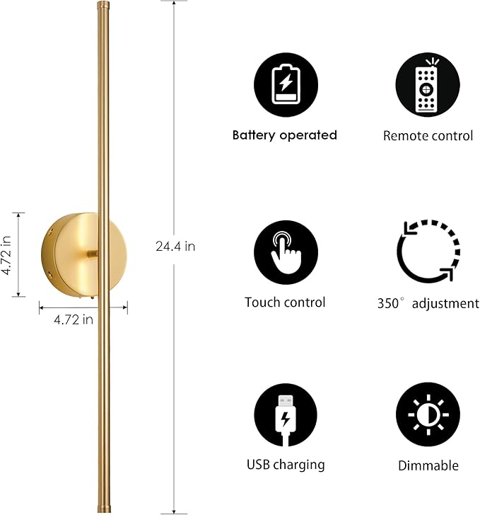Battery Operated Wall Sconces, Dimmable Wall Sconces Set of Two, 350°Rotate, 3000K LED Gold Wireless Wall Light for Living Room, Bedroom, Hallway, 24.4 Inch (2 Pack)