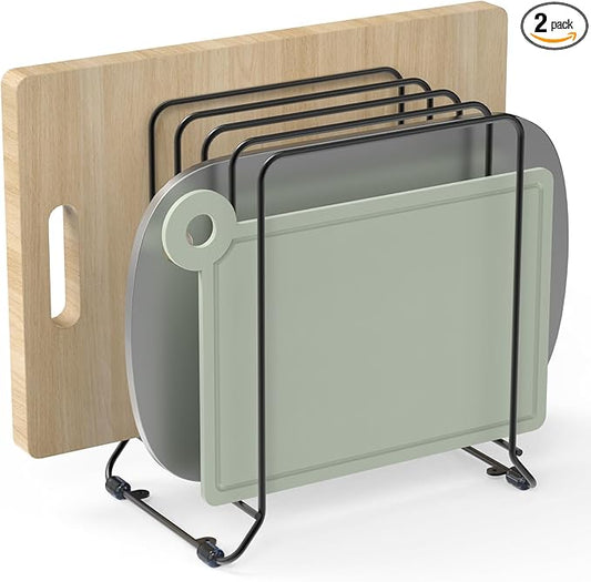 AKAZA 2 Pack-X-Large Kitchen Cabinet Organizer - Storage Tray Organizer Rack for Kitchen Cabinet - Divided Holder with 5 Slots for Skillets, Cutting Board, Baking Sheets (Black)