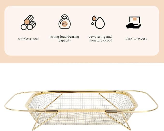 Over the Sink Colander, Expandable Baskets with Fine Mesh Strainer Handle Stainless Steel Rectangle Kitchen Colanders for Strain Drain Rinse Fruits Vegetables Pasta New Home Essentials (Gold)