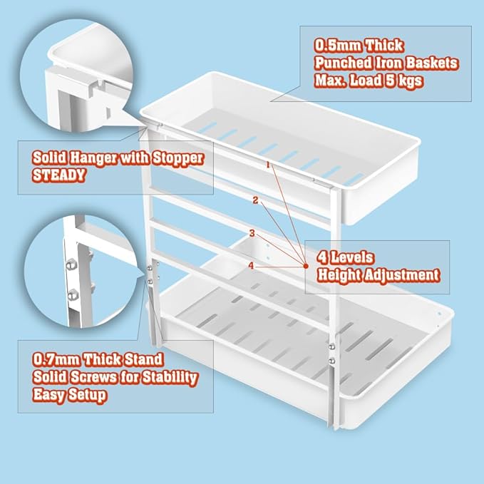 Metal Pull Out Slide Shelf Organizer for Framed or Frameless Under Sink Cabinets, Kitchen, Bathroom, Counter (White, 1 Set)