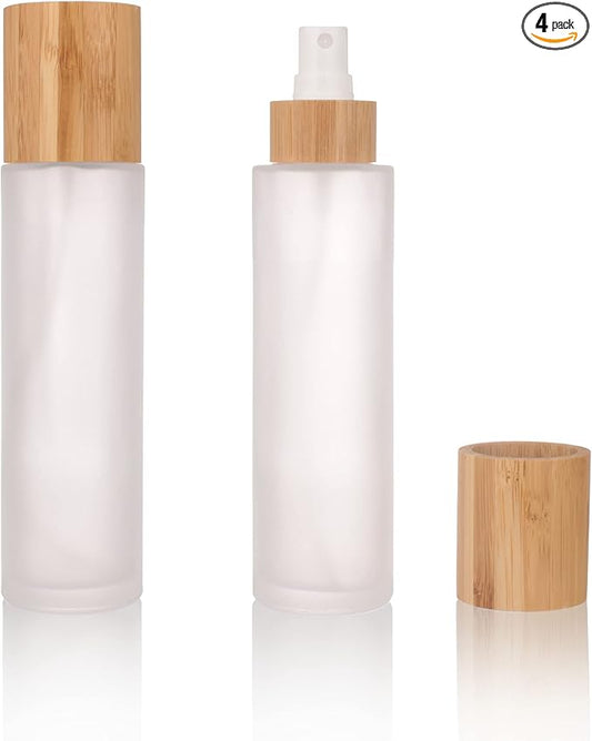 COSIDEA 12 pcs Empty 4oz /120ml bamboo lid Frost glass spray bottle with fine mist despenser head for liquid perfume toiletries containers, toner bottles