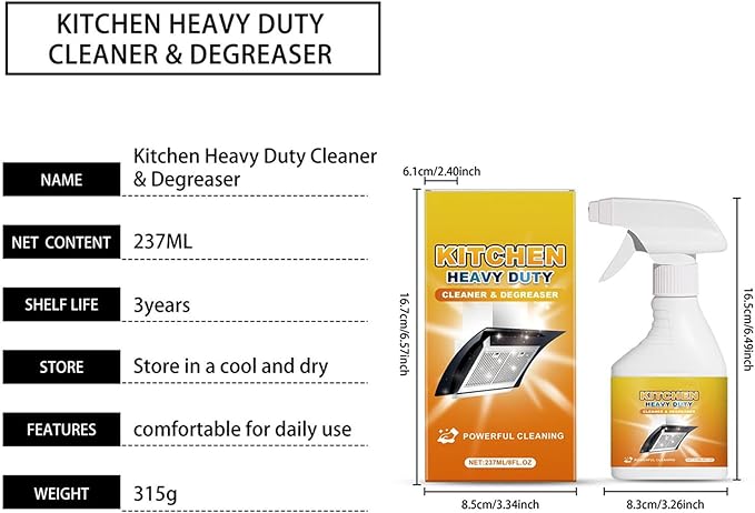 Kitchen Cleaner 8fl.oz, Heavy Duty Foam Degreaser with Spray Nozzle, Waterless Grease Remover for Oven, Stove, Counter, Cabinet, Glass, Sink, Wall