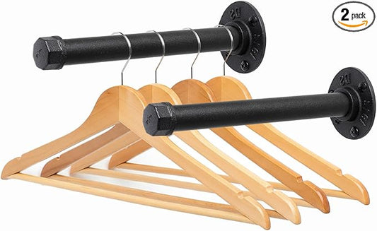 Wall Mounted Clothes Rack, Industrial Pipe Clothing Rack for Hanging Clothes, Heavy Duty Cast Iron Garment Racks for Wardrobe Organizers, DIY Closet Rods Closet Bar (Black 2 Pack, 8 Inch)