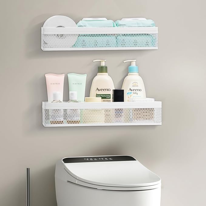 Wetheny Hanging Wall Mount Storage Baskets with Adhesive Hooks & Screwing, Metal Wire Organizer Baskets for Home Decor, Kitchen, Bathroom, Laundry, Closet, Garage, RV Black 2 Packs (White)