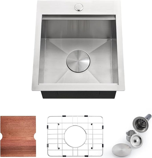 15 x 17 Inches Drop-in Kitchen Bar Sink, 15 Inch Stainless Steel Bar Sink Workstation Kitchen Sinks Topmount Single Bowl Small Kitchen Sink