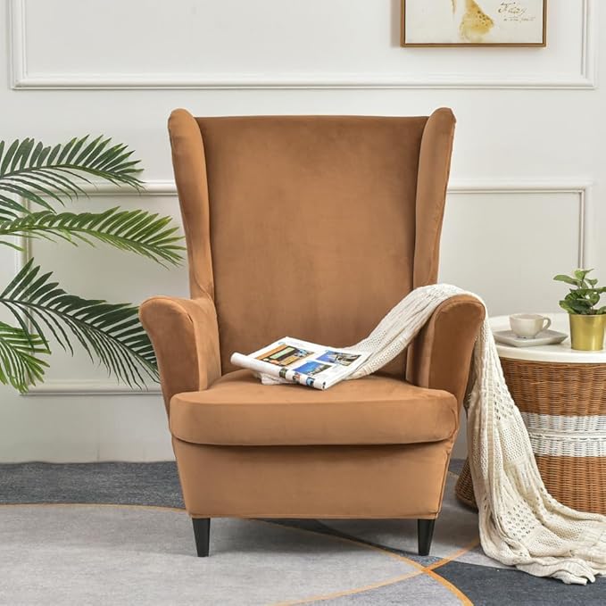 OBCREAT Wingback Chair Covers,2 Piece Stretch Velvet Wingback Chair Slipcover Soft Wing Chair Sofa Covers with Elastic Bottom,Armchair Couch Cover Furniture Protector for Living Room (Camel)