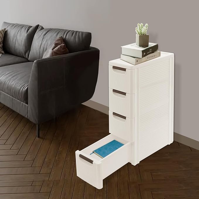 Narrow Plastic Storage Cart with 4 Drawers, Slim Rolling Organizer Dresser on Wheels, Mobile Utility Cart for Bathroom, Kitchen, Laundry Room, Bedroom & Office (4-Tier)