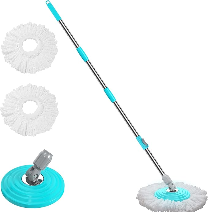Stainless Steel Extendable Mop Handle with 2 Microfiber Replacement Heads & 360° Rotating Base Plate — Fits Standard Mop Buckets -Blue
