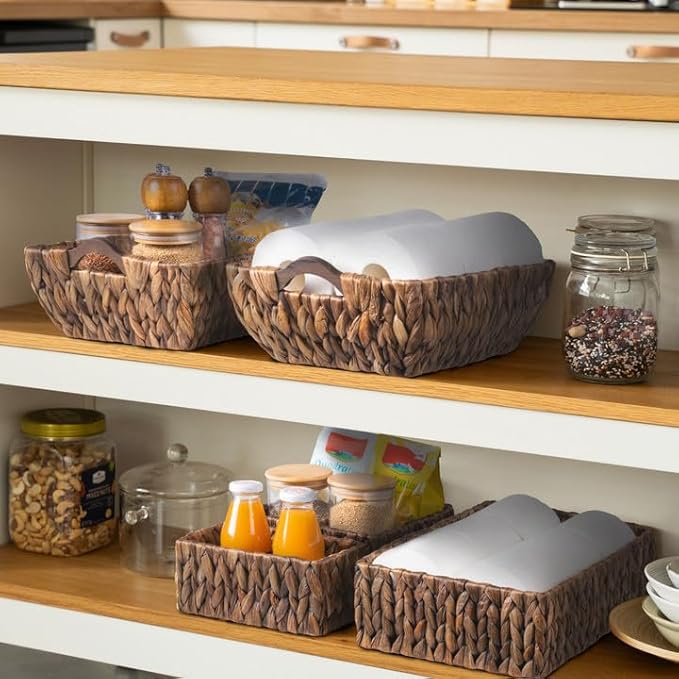 FairyHaus Wicker Storage Basket with Wood Handles, 2Pack Brown Wicker Basket for Organizing, Hand Woven Dark Brown Water Hyacinth Baskets for Storage 14.96x10.04x4.73"