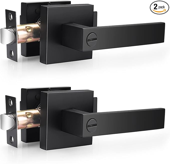 Probrico 2 Pack| Square Privacy Door Levers Matte Black Bed Bath Door Handles, Keyless Interior Door Lockset Heavy Duty Leversets for Left or Right Handed Doors