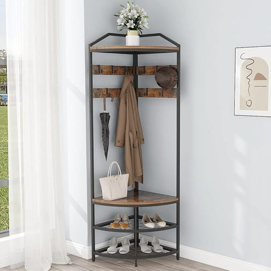 GiftGo Corner Hall Tree with Shoe Bench Entryway Coat Rack with 10 Metal Movable Hooks Floor Standing Clothes Rack Shoes Shelf Organizer for Home Office Bedroom (Rustic Brown)