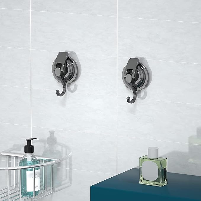 Heavy Duty Vacuum Suction Cup Hooks, Gun Silver Plated Polished Super Suction for Kitchen Bathroom, 2 Pack