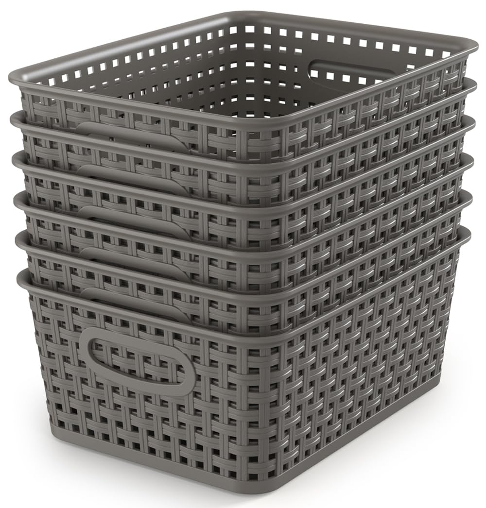 WYT Weave Storage Organizer Baskets, Grey 6-Pack Plastic Woven - Image 1