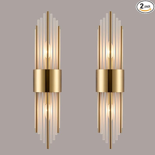 2-Light Modern Crystal Wall Sconces Titanium Gold Vanity Wall Light with Frosted Glass Luxury Set of 2 Wall Light Fixtures for Bedroom Living Room Dining Room Vanity Mirror Light