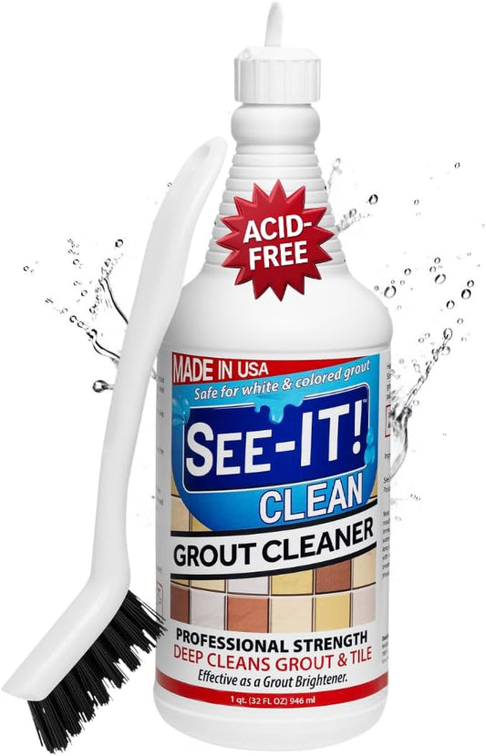 Grout & Tile Deep Cleaner Brightener & Heavy-Duty Stain Remover Acid-Free Safe for Ceramic, Porcelain, Marble, Stone - 32 fl. oz. with Hand Cleaning Brush
