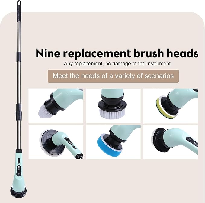 Cordless Electric Spin Scrubber, 9 Replacement Cleaning Heads IPX6 Dual Cleaning Brush with Extension Arm for Bathroom Bathtub Grout Tile Floor (6