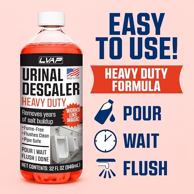 LVAP Heavy Duty Urinal Salt Remover – Made in USA – Commercial Grade Urinal Drain Cleaner & Odor Eliminator. Removes Salt, Calcium, Rust and Scale Build Up. Safe for Plumbing – 32 fl oz