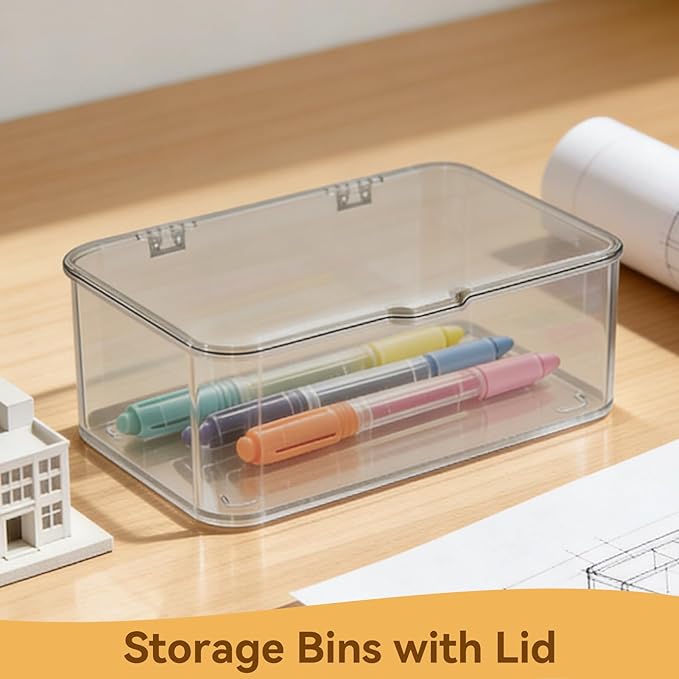 Cyrank Storage Bins with Lids, Clear Plastic Storage Box Stackable Organizer Bin with Lid Small Box Container 8.9x6.5x3.9 in for Home Office Kitchen School Garage Bathroom