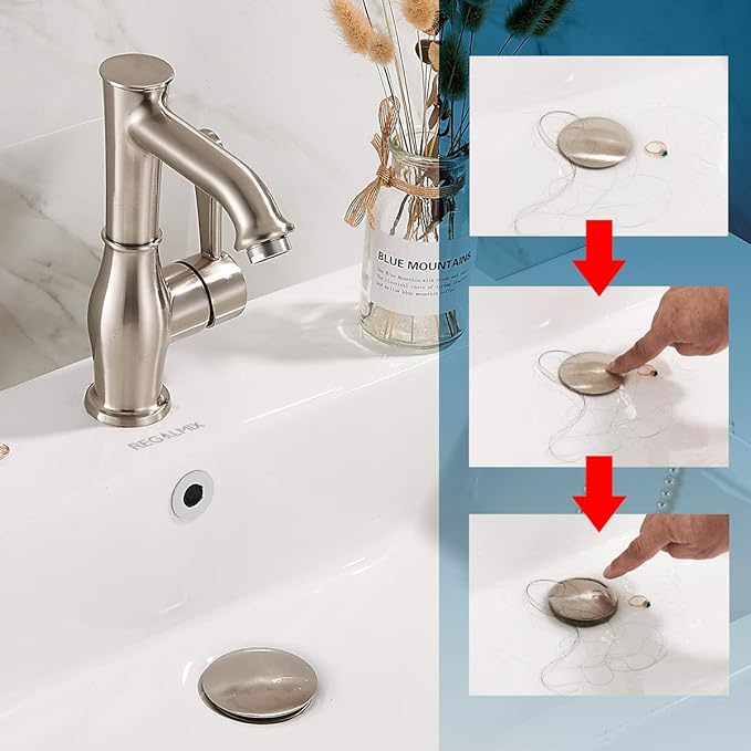 Vessel Sink Drain for Bathroom, Pop-up Drain With Detachable Basket Stopper, Anti-Explosion And Anti-Clogging Drain Strainer, Sink Drain Assembly With Overflow Brushed Nickel, REGALMIX RWF083J