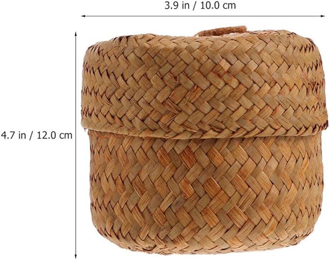 Ciieeo 2Pcs Seagrass Mini Basket with Lid Round Seagrass Storage Basket Handmade Woven Flower Mini Packing Box for Home Shelf Decor Wood Color