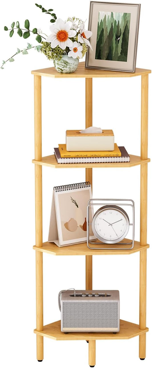 Corner Shelf Stand, 4 Tier Bamboo Corner Bookshelf, Narrow Tall Bookcase, Corner Shower Caddy, Open Storage Shelves, Plant Display Shelf, for Living Room, Kitchen, Office, Balcony, Bathroom