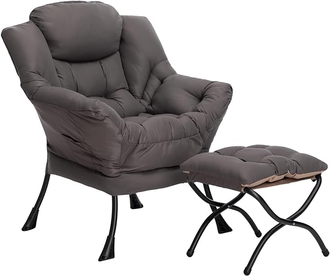 HollyHOME Lazy Chair with Foldable Ottoman, Accent Comfy Lounge Armchair and Folding Footrest Stool, Leisure Sofa Reading Chair and Footstool for Living Room, Bedroom, Dorm,Dark Grey