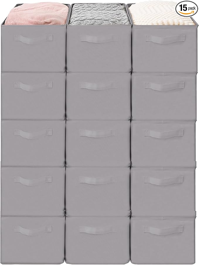 Storage Basket Bins with Metal Frame, Large Collapsible Fabric Storage Baskets for Organizing Shelf, Basket Organizer W/Handles for Blankets, Towels, Laundry, Shelves, 15-Pack, Grey
