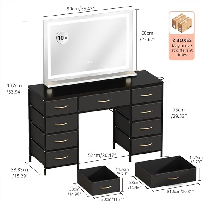 COMHOMA Vanity Desk with Large Mirror,LED and Power Outlet,Makeup Table with 9 Storage Drawersand HD Mirrors,3 Color Modes Adjustable Lighting for Bedroom Dressing Room (Black, 35inch)