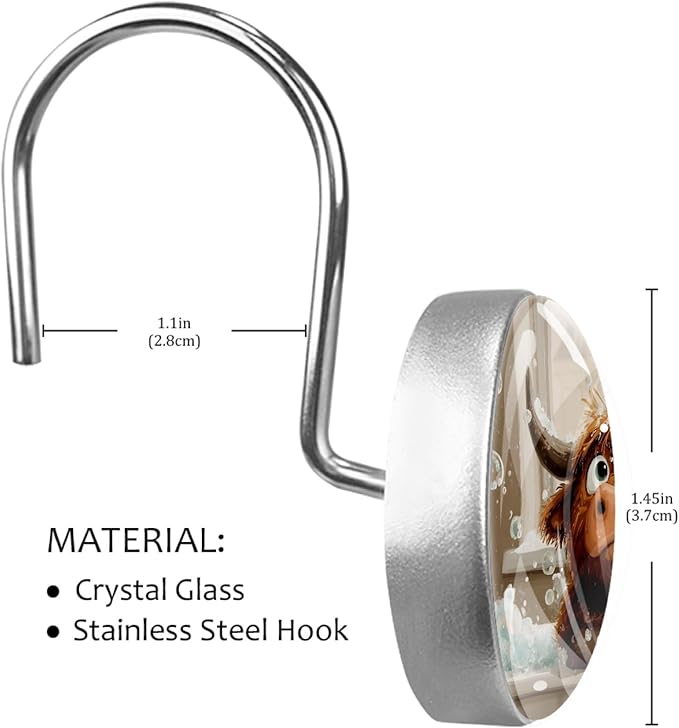 12 Packs Bathing Highland Cow Shower Curtain Hooks, Stainless Steel Glass Shower Curtain Rings for Bathroom Decor, Metal Rustproof Curtain Rod Hooks