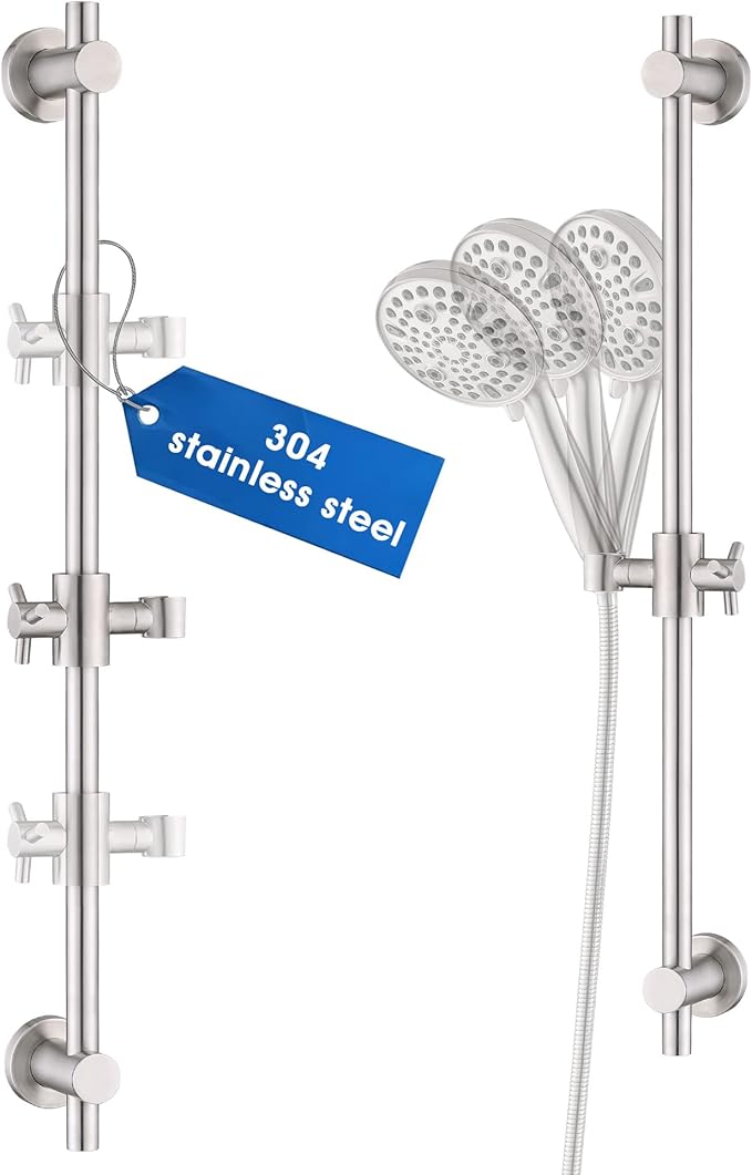Shower Slide Bar with Adjustable Handheld Shower Head Holder, 25 Inch SUS304 Stainless Steel Shower Rail, Replacement for RV, Camper, Hotel & Bathroom, Polished Brushed Nickel