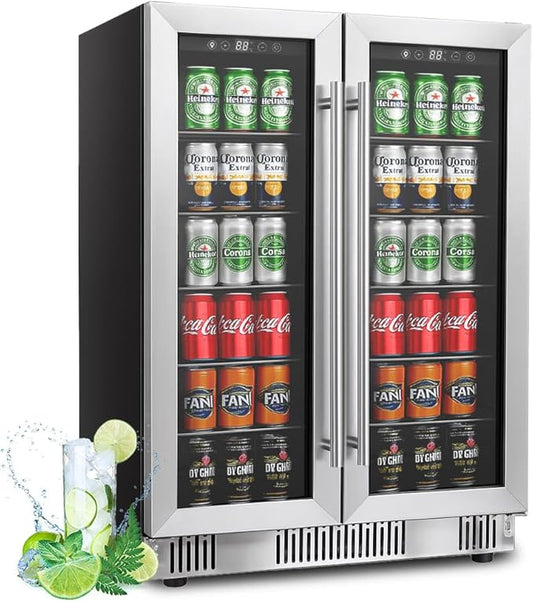 24 Inch Wine and Beverage Refrigerator, Dual Zone Wine Cooler with Advanced Cooling, 176 Cans and 42 Bottles Capacity, Built-in or Freestanding Beverage Fridge for Home, Bar, Kitchen