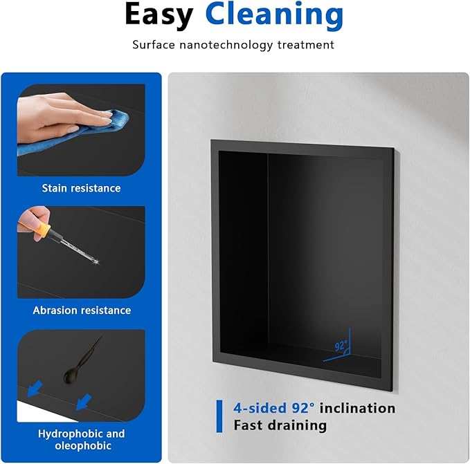 QAOYEDE Stainless Steel Shower Niche No Tile Needed 12"x12", Matte Black Niche for Shower, Recessed Showers Shelf for Bathroom Storage