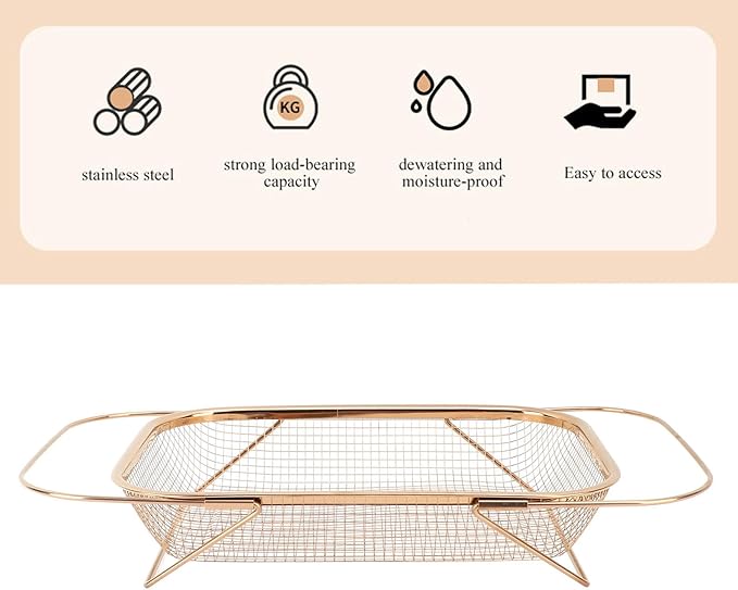 Over the Sink Colander - Expandable Baskets with Fine Mesh and Handle Stainless Steel Material Rectangle for Strain Drain Rinse Fruits Vegetables Pasta New Home Essentials (Rose