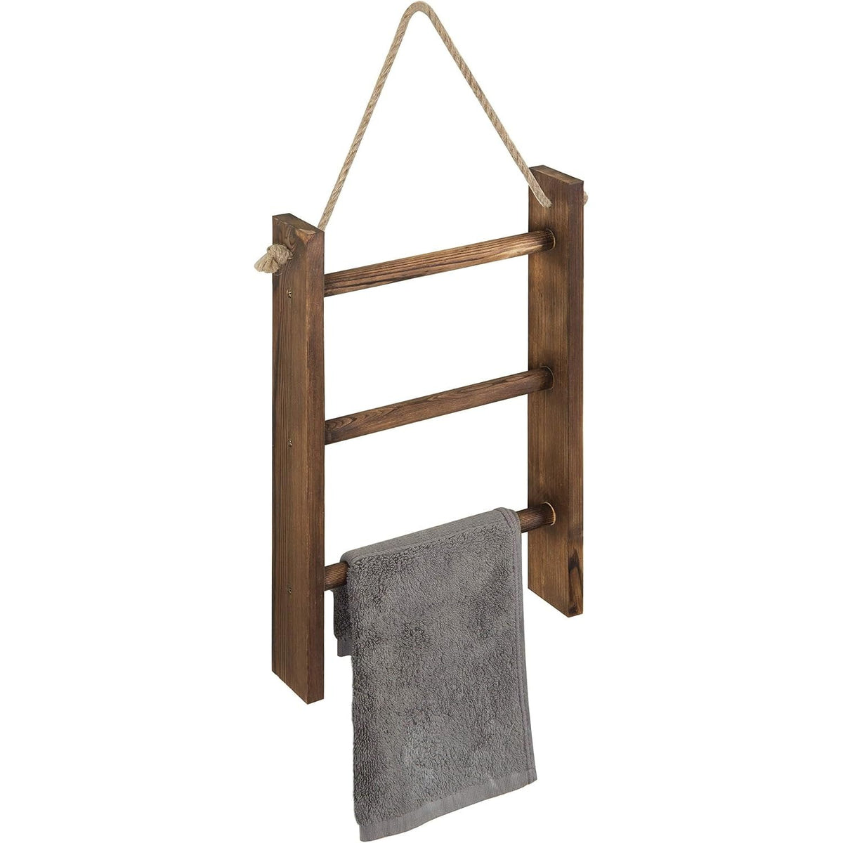 MyGift Dark Brown Wood Wall Mounted 3 Tier Hand Towel Ladder Rack - Image 1