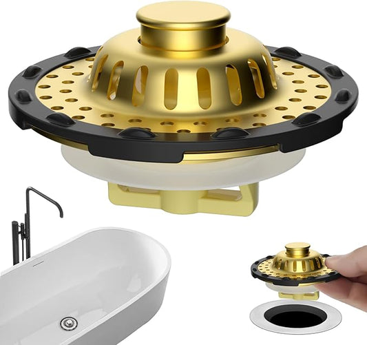 Universal Bathtub Drain Stopper Shower Drain Hair Catcher, Tub Stopper with Visible Top Strainer, Upgraded 3 in 1 Pop-up Drain Plug Fit for 1.5 to 2.4" Hole, Stainless Filter Basket, Brushed Gold