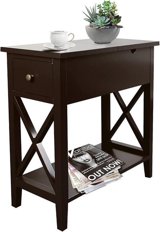 ChooChoo End Table, Flip Top Narrow End Table with Drawer, Accent Small Side Table Nightstand for Living Room, Bedroom, and Small Spaces, Espresso