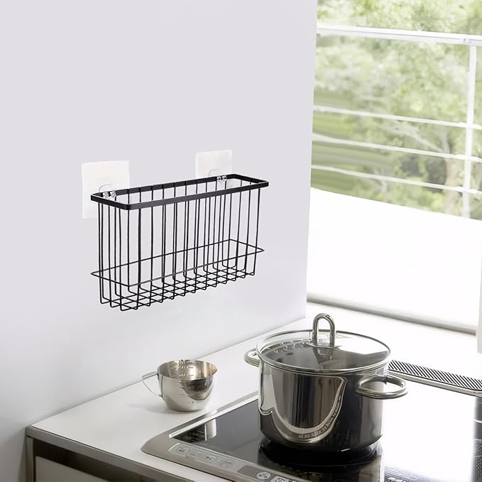 3 Pcs Adhesive Refrigerator Organizer Baskets Metal Shelf Rack and Adhesive Holder with 2 Types of Installation for Storage in Kitchen, Bathroom, Office, or Laundry (Black)