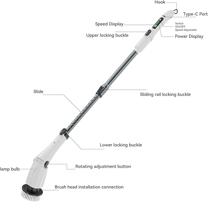 APLUSH Electric Spin Scrubber, IPX7 Waterproof Cordless Bathroom Cleaner Brush, Shower Scrubber with Adjustable Extension Handles 2 Speed, Cleaning Brush for Tub Shower Tile Floor,Black
