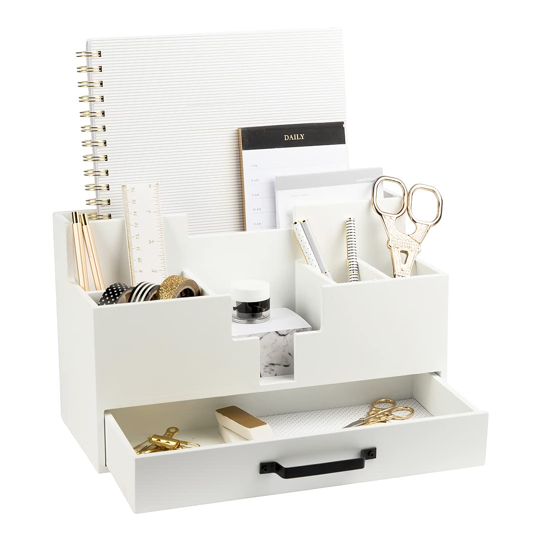 BLU MONACO | White Wood Desk Organizer with Drawer | Compact - Image 1
