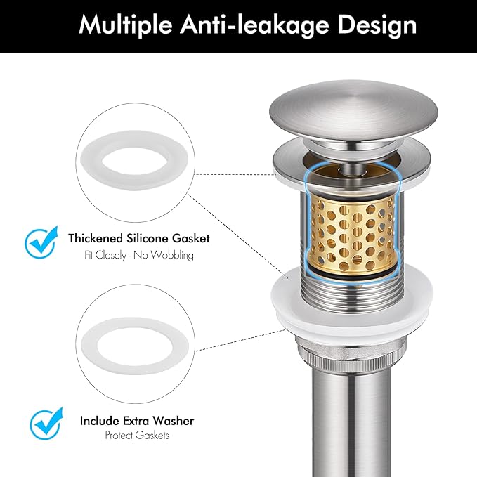 KES Bathroom Sink Drain with Overflow Vessel Sink, Lavatory Vanity Pop Up Drain Detachable Strainer, Brushed Nickel, S2018A-BN