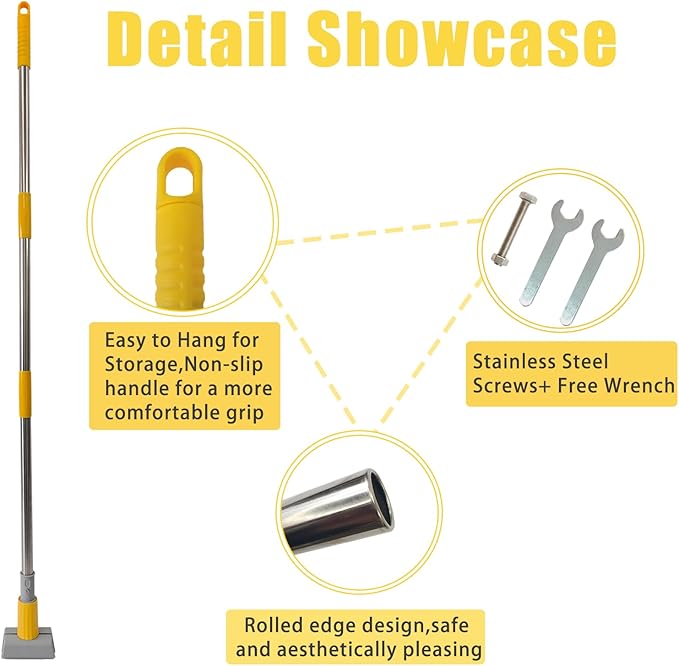 Heavy Duty Commercial Jaw Clamp Mop Handle 55.7 Inch Thickened Stainless Steel Yellow Mop Stick Industrial Grade Replacement Adjustable Mop Rod