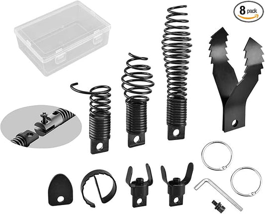 8-Piece Drain Snake Kit for 5/16" to 3/4" Cables – Heavy-Duty Manganese Steel Cutters for Roots, Grease & Stubborn Clogs – Includes Storage Case & Metal Ring