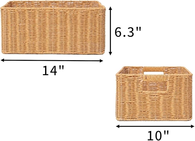 YRMT Rattan Storage Basket Pantry Basket with Built-in Handles Wicker Basket for Organizing Shelves Waterproof Woven Basket Nature (14"x10"x6.3")